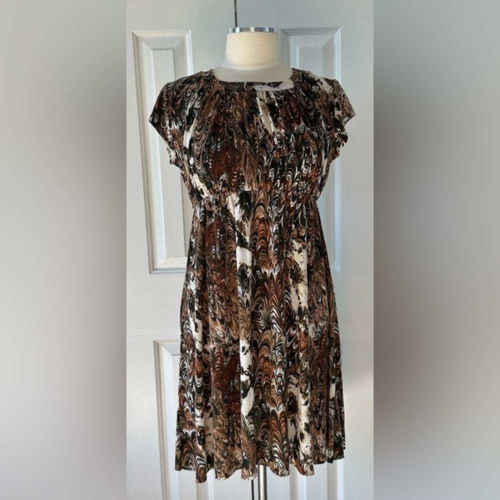 Miuse Abstract Brown Cream Fit & Flare Dress Size Large